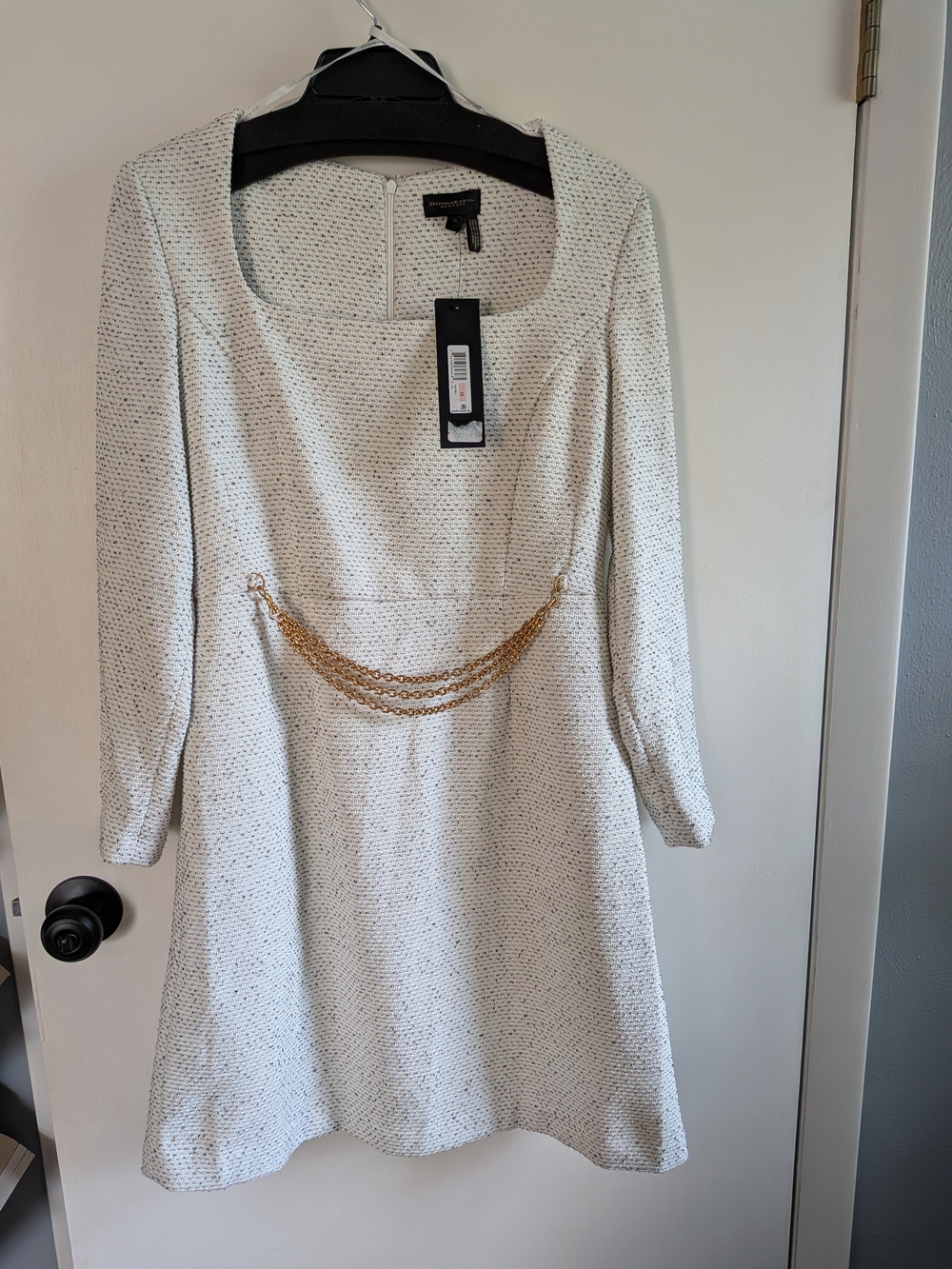 Donna Karan Cream Tweed Long-Sleeve Dress with Gold Chain